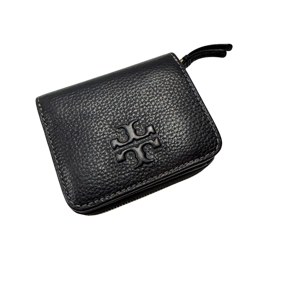 Tory Burch McGraw Bi-Fold Wallet Black Pebbled Leather Double T Logo Mini Wallet